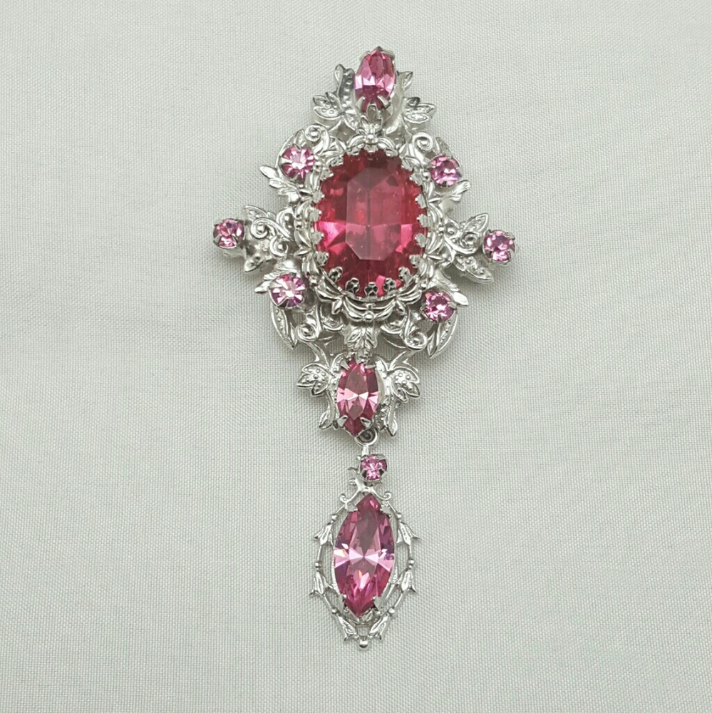 Vtg Silver Ornate Pink Rhinestone Brooch Pendant
